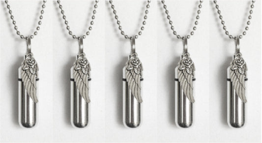 Set of FIVE "Wing with Rose" Polished ANOINTING OIL Holders with 5 Velvet Pouches, 5 Steel Ball-Chain Necklaces - Baptism, Healing, Prayers