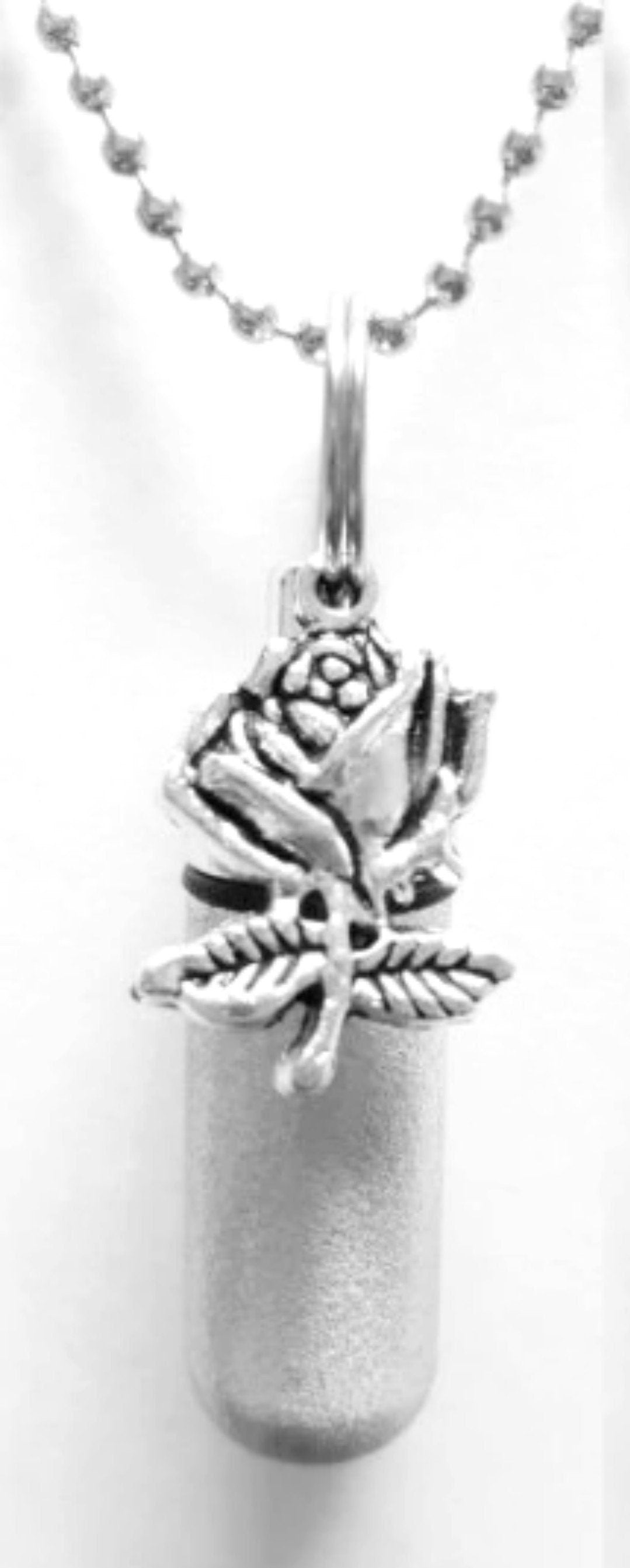 Set of TWO Brushed Silver Anointing Oil Holders  with Silver Roses - With Velvet Pouches, Ball-Chain Necklaces