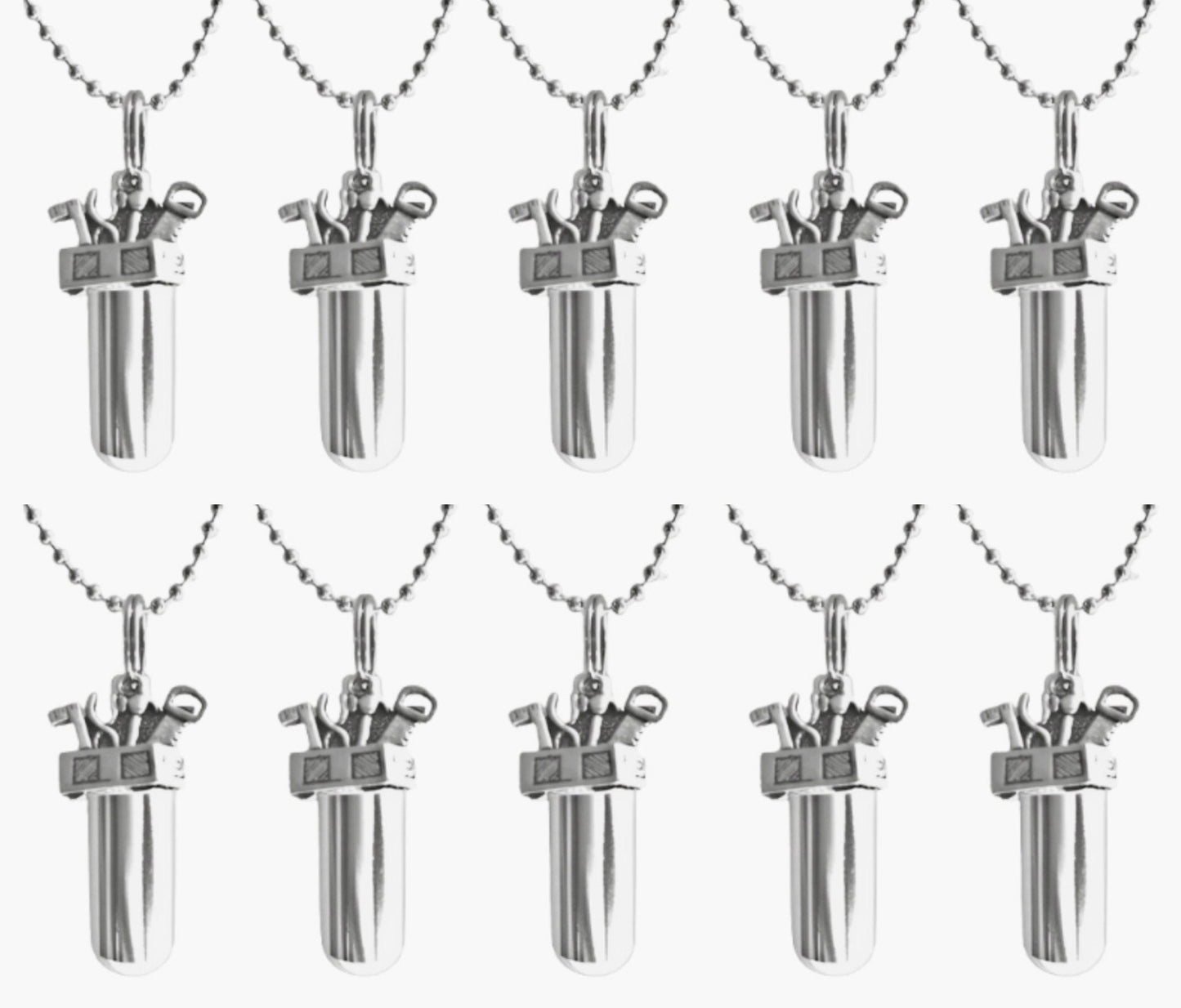 Set of Ten CREMATION TOOLBOX Urn Necklaces for Contractor/Mechanic/Handyman (with 10 Tool Box Charms) Memorial Jewelry, Urn For Human Ashes