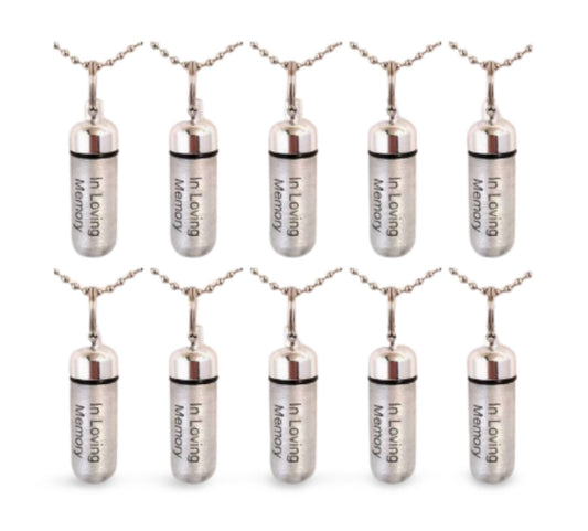 Set of 10 ENGRAVED Brushed Silver Cremation Urn Necklaces "In Loving Memory" - Ashes Necklace, Memorial Keepsakes, Mourning Jewelry