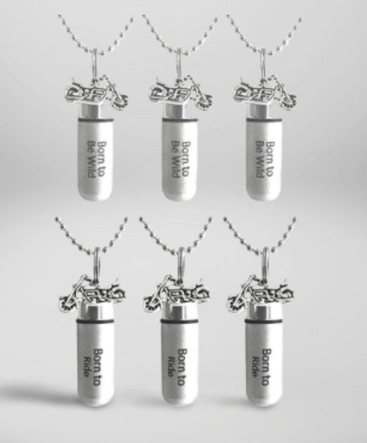 SIX ENGRAVED Brushed Silver Cremation Urn Necklaces "Born To Be Wild" with Silver Motorcycle -Includes Velvet Pouches, Ball-Chains, Fill Kit