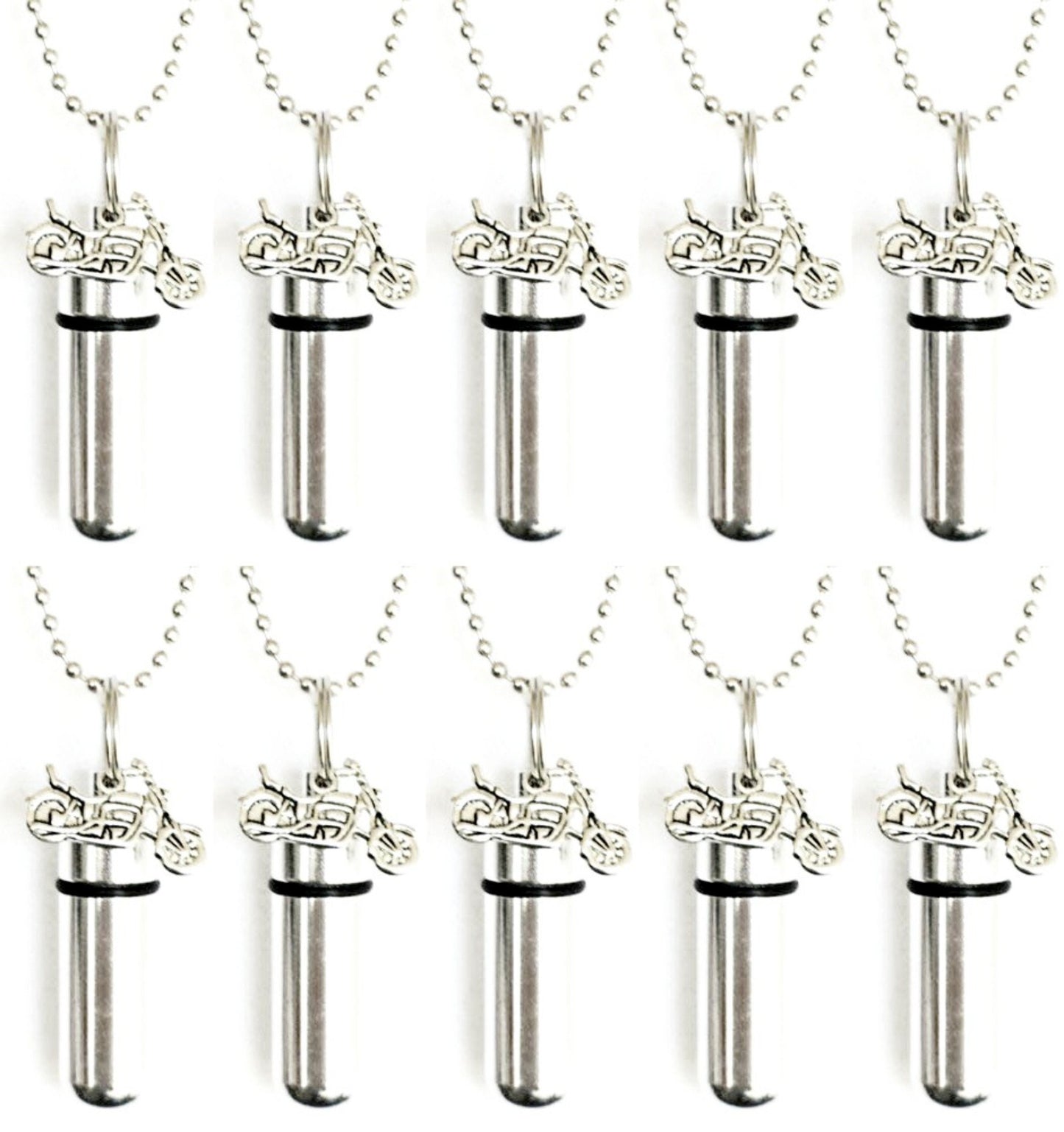Set of Ten Custom ENGRAVABLE Silver Motorcycle CREMATION URN Necklaces - Ashes Necklace, Memorial Jewelry, Mourning Jewelry, Pet Ashes