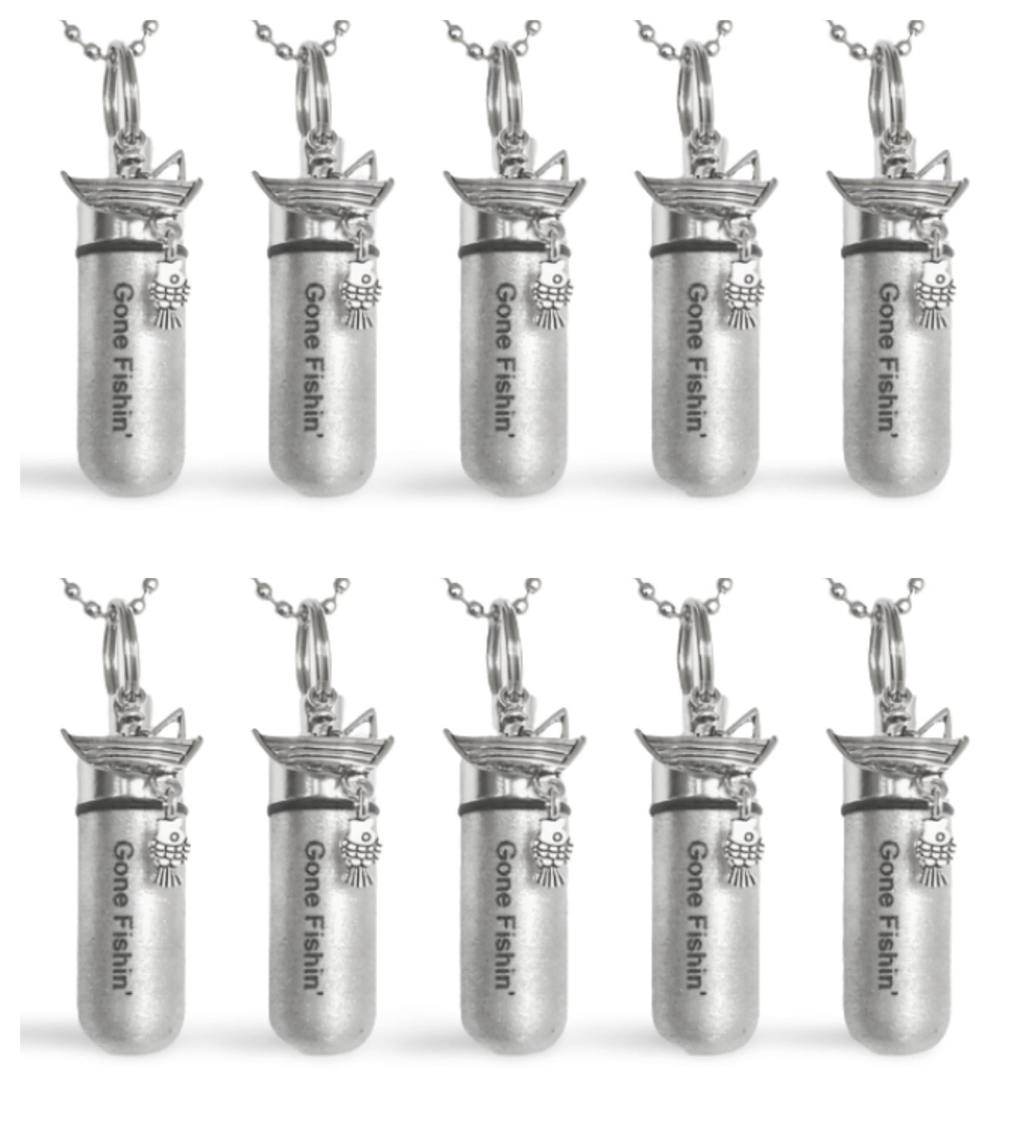 Set of Ten Brushed Silver Fisherman CREMATION URN Necklaces, Engraved "Gone Fishin" Urn Keepsake, Ashes Necklace, Mourning Jewelry