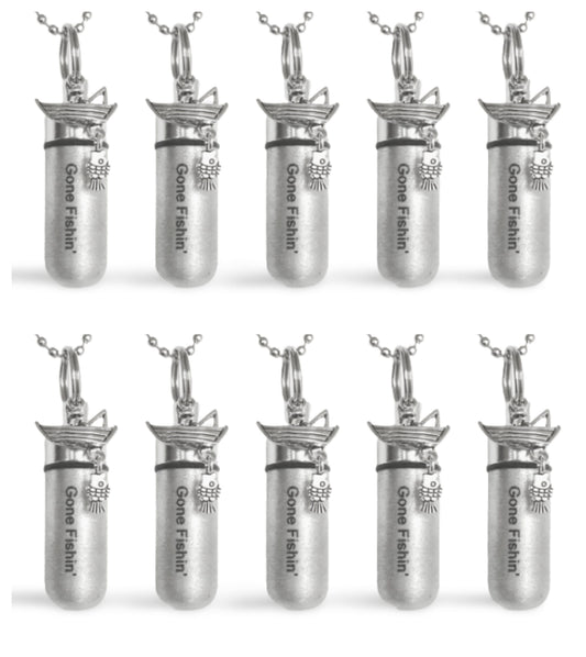 Set of Ten Brushed Silver Fisherman CREMATION URN Necklaces, Engraved "Gone Fishin" Urn Keepsake, Ashes Necklace, Mourning Jewelry