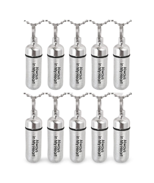 Set of 10 ENGRAVED Brushed Silver CREMATION URN Necklaces "Always In My Heart" - Urn Keepsake, Ashes Necklace, Mourning Jewelry, Pet Ashes
