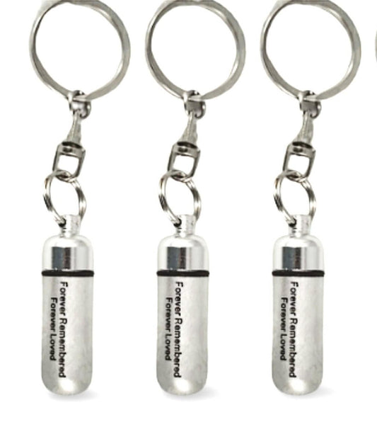 THREE Engraved "Forever Remembered Forever Loved" Brushed Silver CREMATION URNS On Steel Keychains, Memorial Jewelry, Urn Jewelry, Pet Urn