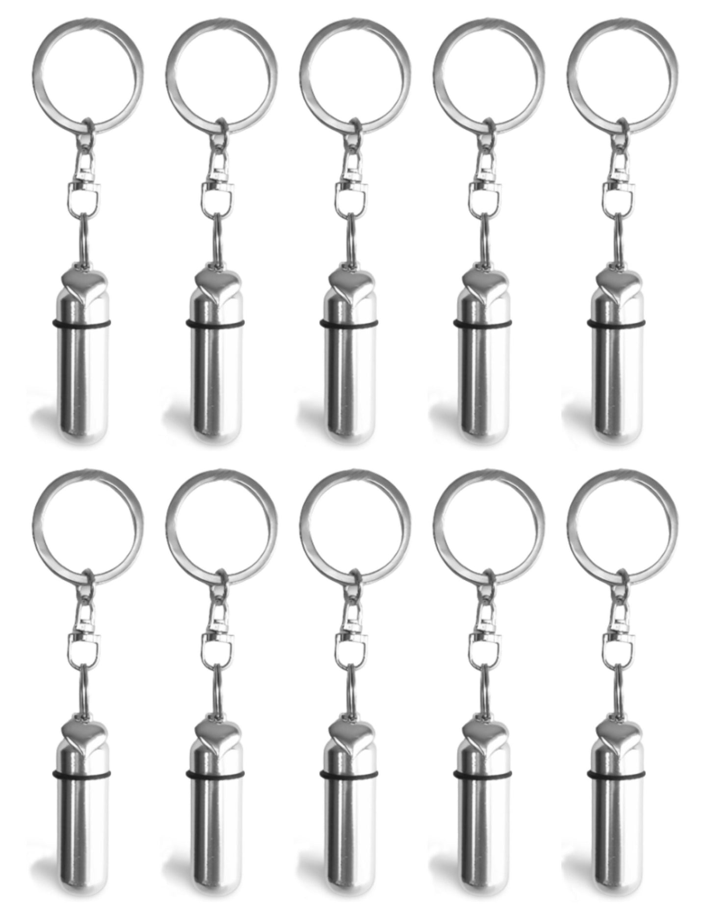 Set of 10 Classic Silver Cremation Urns with Puffed Heart on Steel Swivel Key Rings - Urn Jewelry, Ashes Keepsake, Mourning Jewelry, Pet Urn