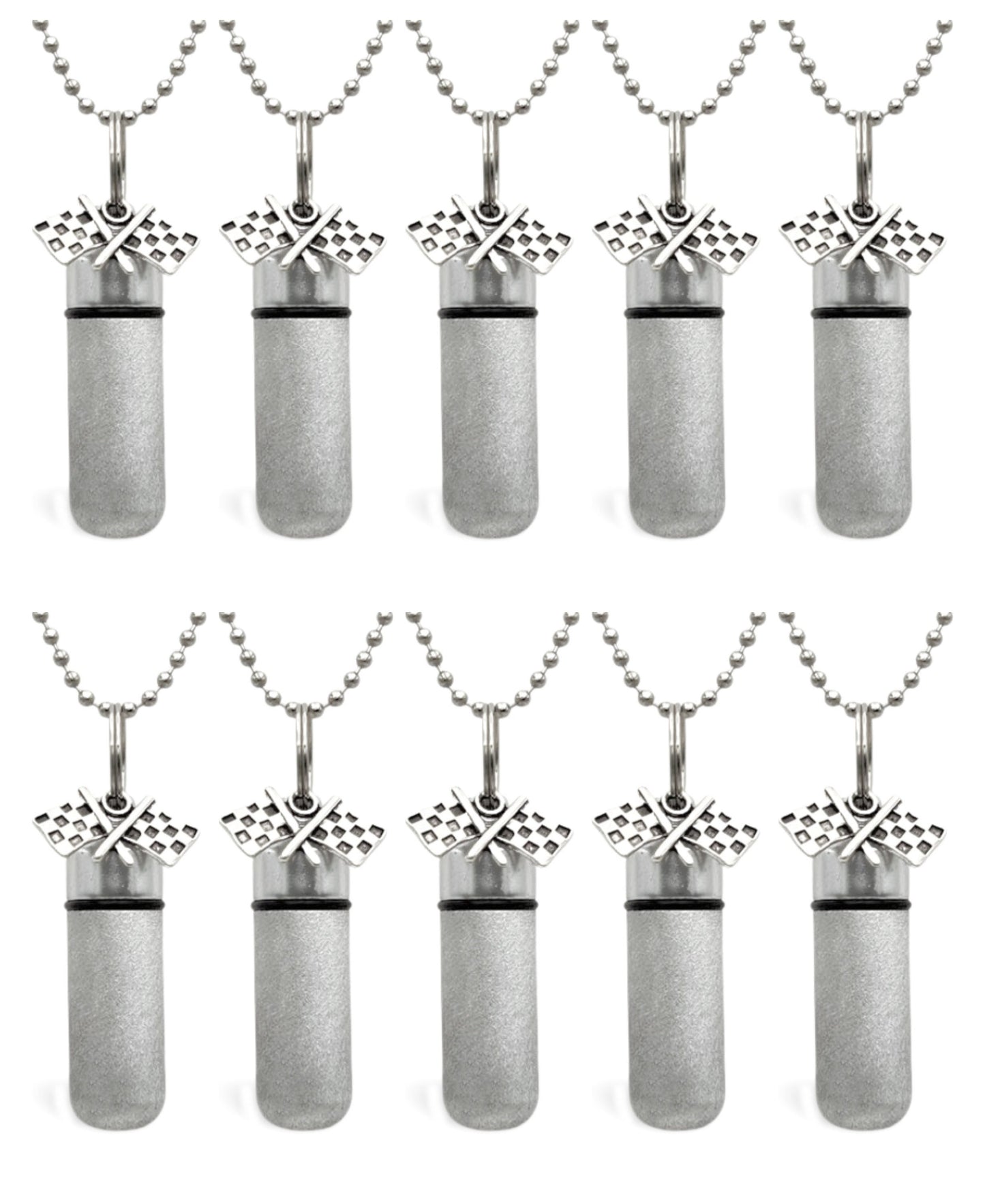Set of Ten PERSONALIZED Brushed Silver  Racing Flag CREMATION URNS on 24" Steel Ball Chain Necklaces - Ashes Jewelry, Urn Necklace