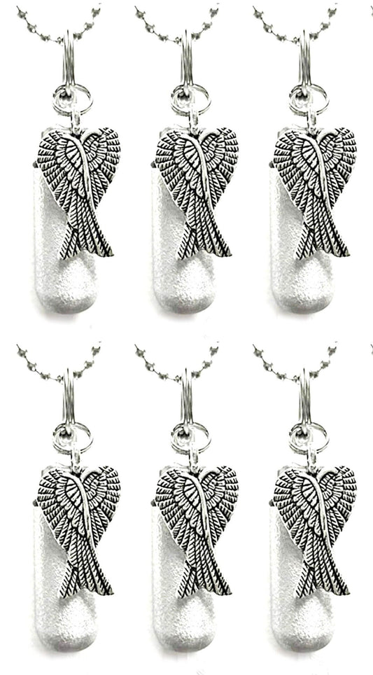 Set of SIX Brushed Silver CREMATION URN Necklaces with Large Angel Wings - Urn Necklace, Memorial Jewelry, Urn For Human Ashes, Personalized