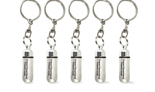 FIVE Engraved "Forever Remembered Forever Loved" Brushed Silver CREMATION URNS On Steel Keychains, Memorial Jewelry, Urn Jewelry, Pet Urn