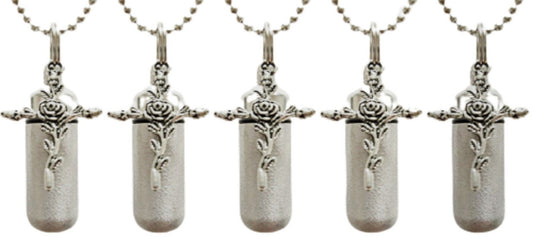 Family Set of FIVE Brushed Silver Anointing Oil Holders with Rose Crosses - Includes 5 Pouches, 5 Ball Chain Necklaces