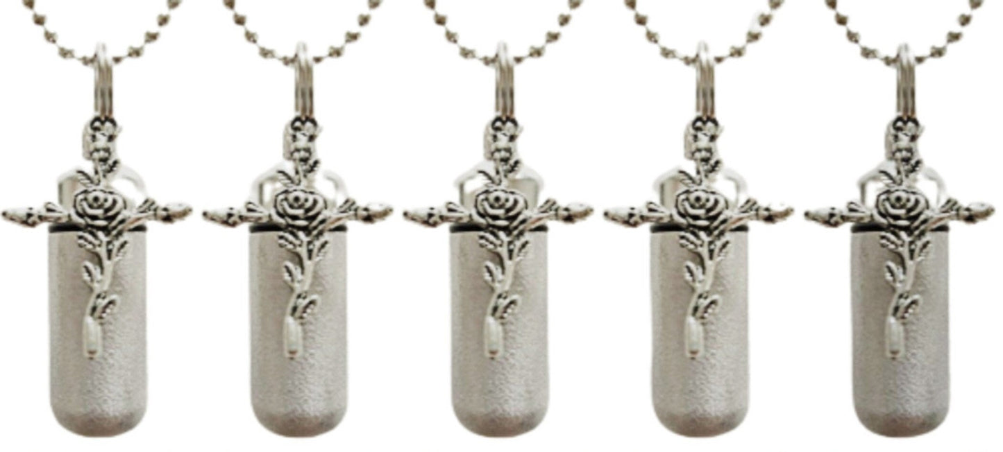 Set of 3 Brushed Silver "Rose Cross" ANOINTING OIL Holder with 3 Velvet Pouches, 3 Steel Ball-Chain Necklaces