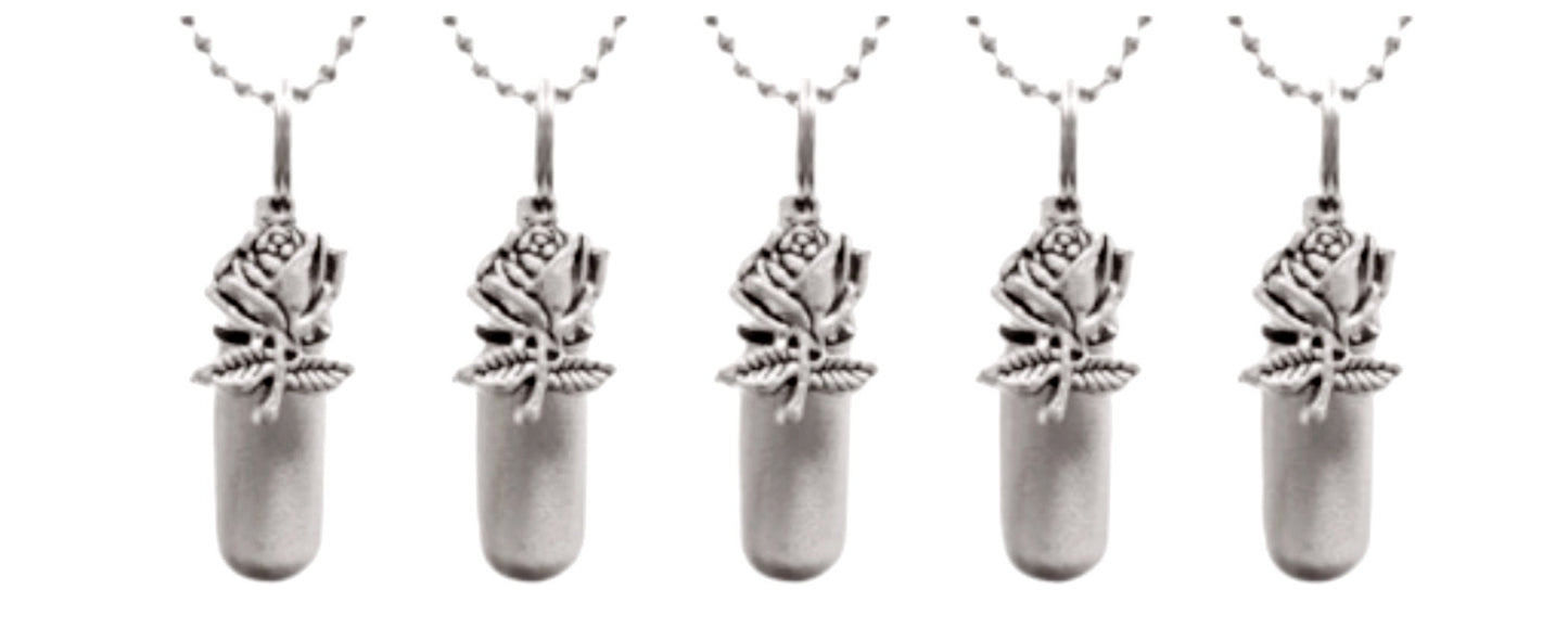 Set of 5 Brushed Silver ROSE ANOINTING OIL Holders with 5 Velvet Pouches, 5 Steel Ball-Chain Necklaces