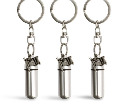 Set of THREE Silver American Flag Cremation Urn Keepsakes on Swivel Steel Keychains, Ashes urn, Memorial Keepsake, Mourning Jewelry, Pet Urn