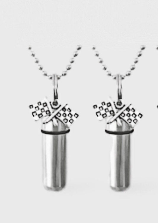 Set of Two  Racing Flag Cremation Urns on 24" Steel Ball Chain Necklaces - Urn Jewelry, Ashes Necklace, Mourning Keepsake, Pet Urn