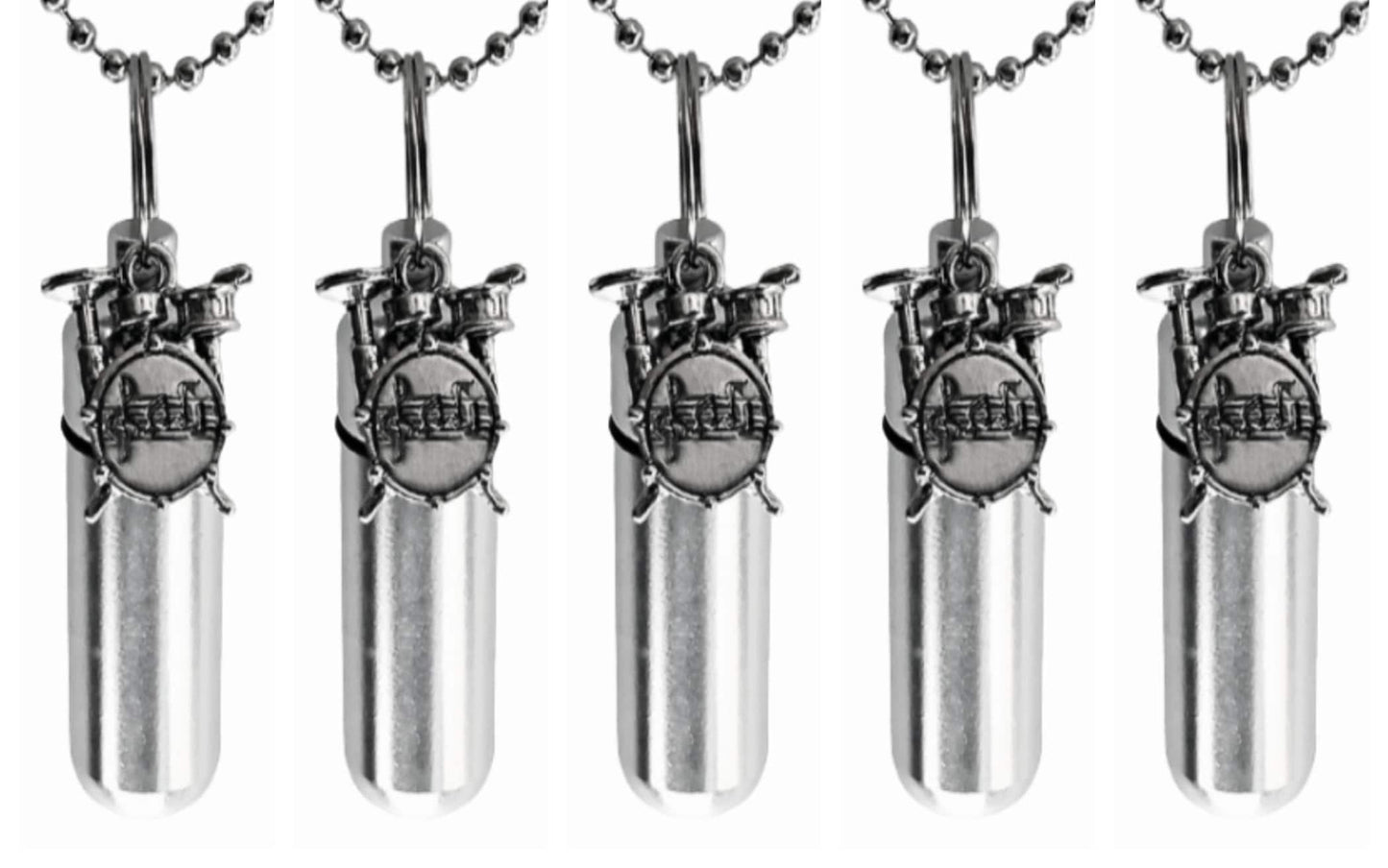 Set of FIVE Silver Musical Drums CREMATION URN Necklaces with Drum Kit  - Memorial Jewelry, Ashes Keepsake, Urn For Human Ashes, Pet Urn