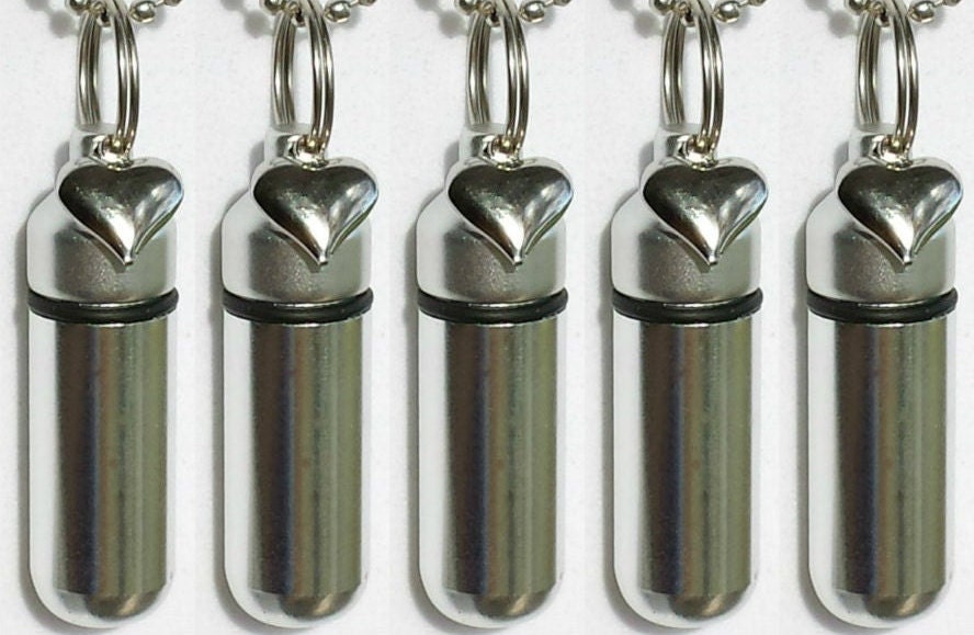 Set of FIVE  Polished Silver Cremation Urn Keepsakes with Silver Puffed Hearts - Urn Jewelry, Ashes Keepsake, Child Loss, Pet Loss