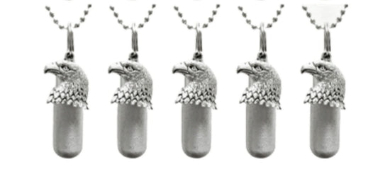 Set of 5 Brushed Silver CREMATION URN Necklaces with Bald Eagle & Engraved US Flag, Memorial Jewelry, Urn Keepsake, Ashes Jewelry, Mourning