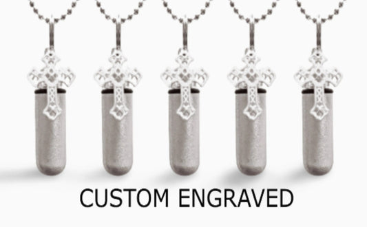 CUSTOM ENGRAVED Set of FIVE Brushed Silver Filigree Cross Cremation Urn Necklaces, Ashes Keepsake, Urn Jewelry, Child Urn, Personalized Urn