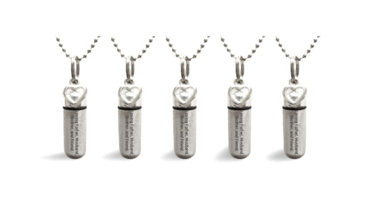 Set of 5 ENGRAVED Brushed Silver CREMATION URN Necklaces "Loving Father Husband Brother and Friend" w/Open Hearts, Velvet Pouches & Fill-Kit