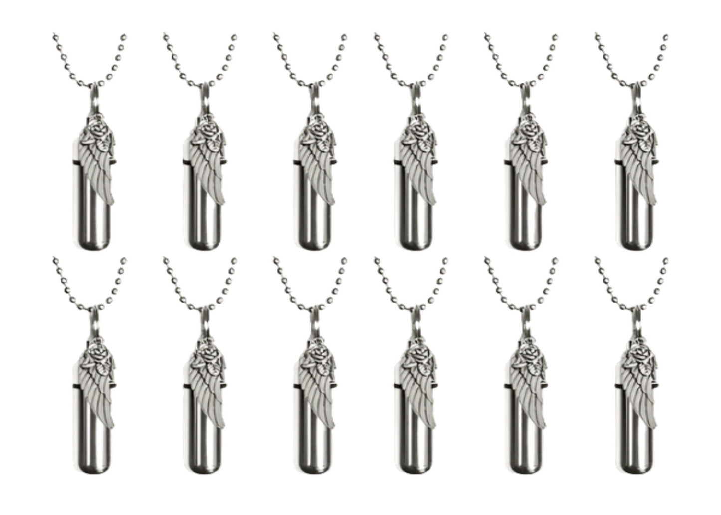 Set of 12 CREMATION URN NECKLACES with Silver Angel Wing with Rose, Ashes Necklace, Memorial Jewelry, Urn For Human Ashes, Personalized Urns