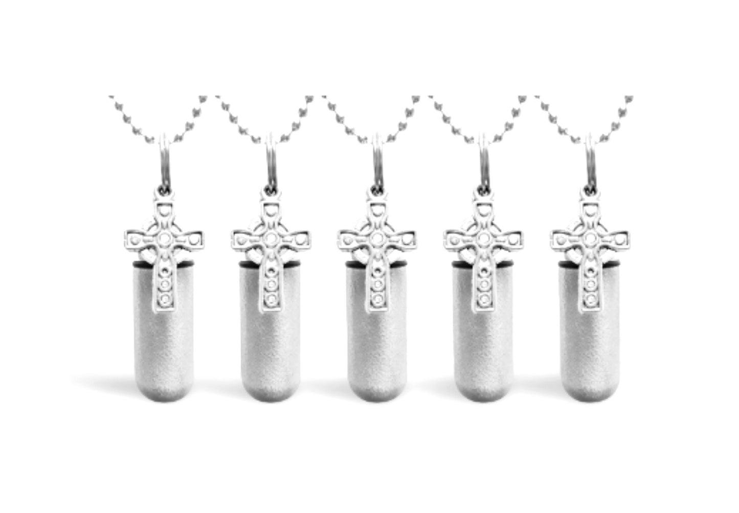 Set of FIVE Brushed Silver Celtic Cross Anointing Oil Holders with 5 Velvet Pouches, 5 Ball Chain Necklaces - Healing, Prayer, Communion