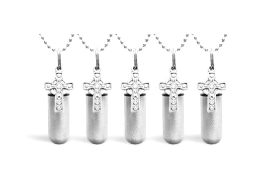 Set of FIVE Brushed Silver Celtic Cross Anointing Oil Holders with 5 Velvet Pouches, 5 Ball Chain Necklaces - Healing, Prayer, Communion