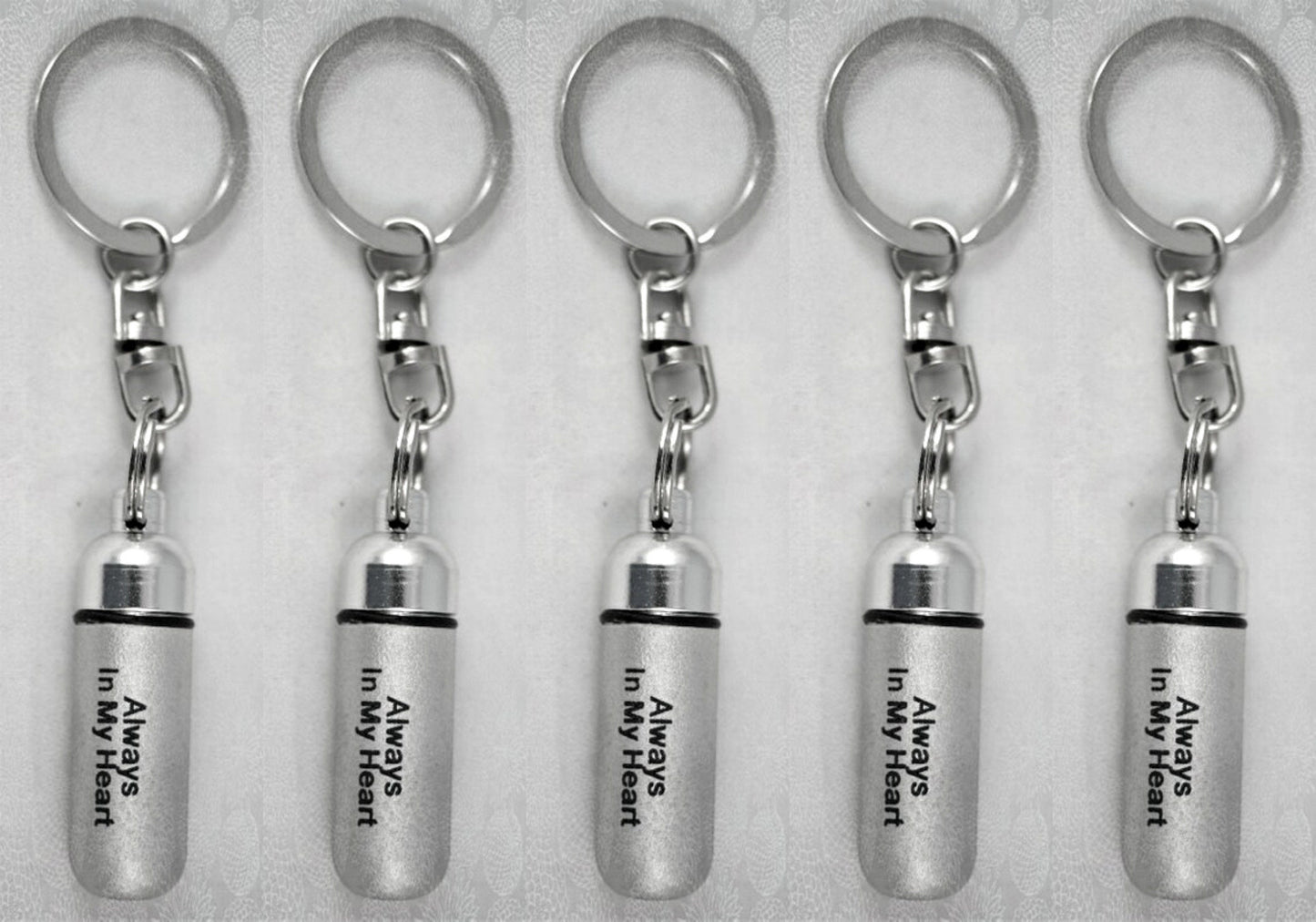 Set of 5 ENGRAVED  "Always In My Heart" Brushed Silver CREMATION URN on Stainless Steel Keychains with Velvet Pouches & Fill Kit