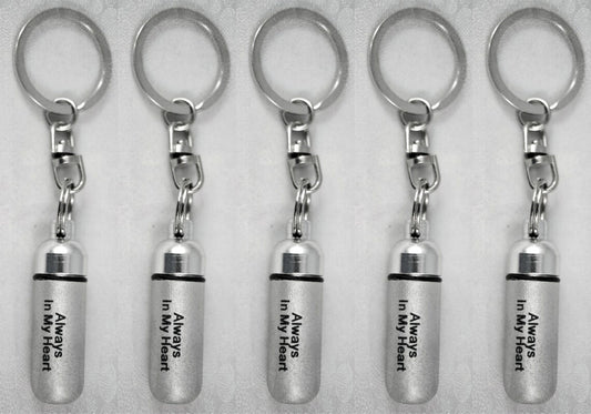 Set of 5 ENGRAVED  "Always In My Heart" Brushed Silver CREMATION URN on Stainless Steel Keychains with Velvet Pouches & Fill Kit