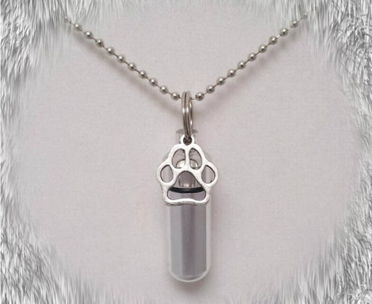 Silver Paw Pet Cremation Urn on 24" Ball Chain Necklace Pet Urn, Dog Urn, Puppy Urn, Pet Loss, Mourning Keepsake, Personalized Urn