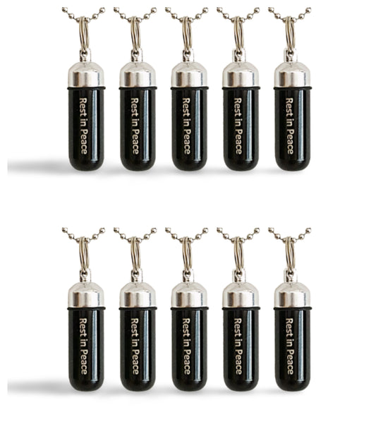 Black/Silver Set of TEN CREMATION URN Necklace Keepsakes - Engraved with "Rest In Peace"  - Cremation Jewelry, Urn Necklace, Ashes Keepsake