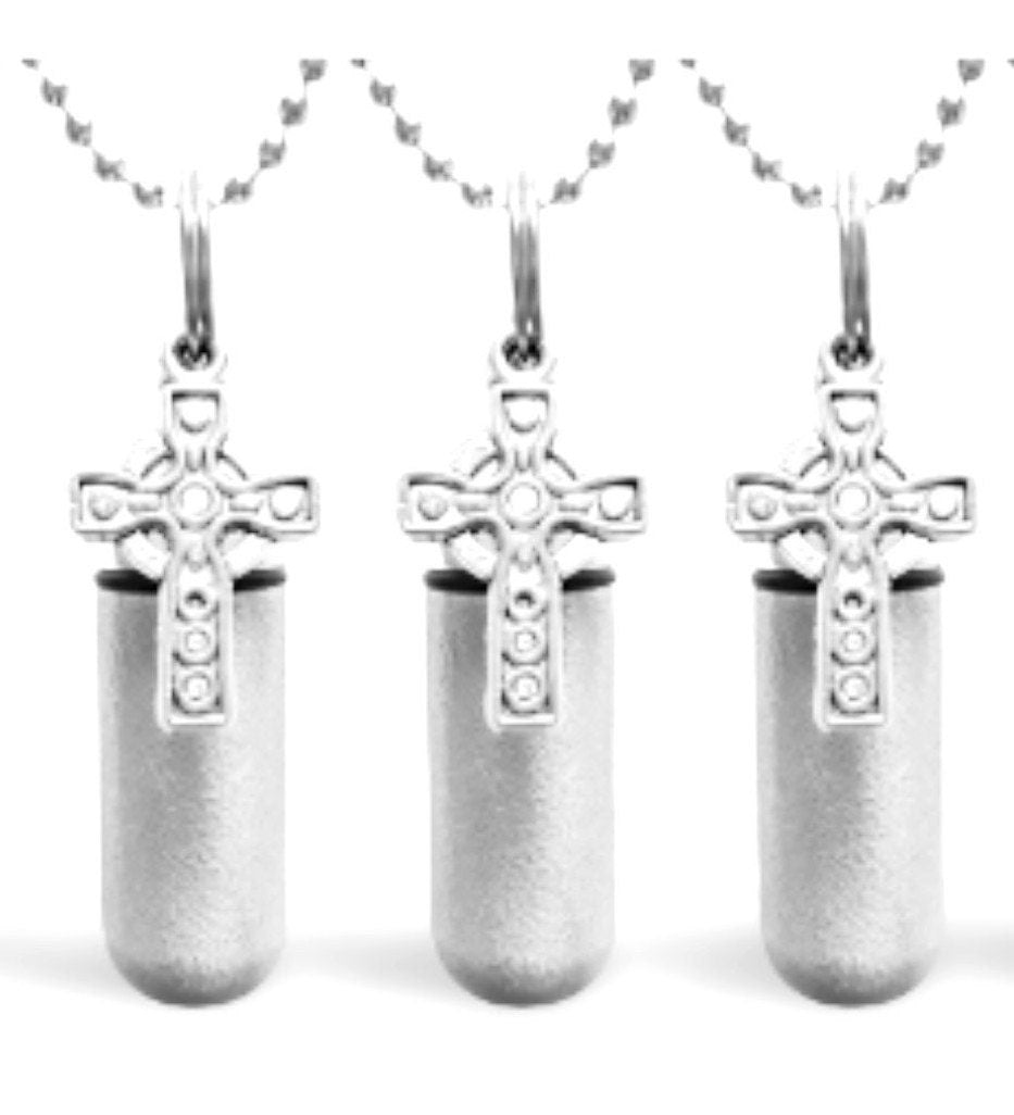 Set of 3 Brushed Silver Anointing Oil Holders with Celtic Crosses - With 3 Velvet Pouches, 3  Ball Chain Necklaces