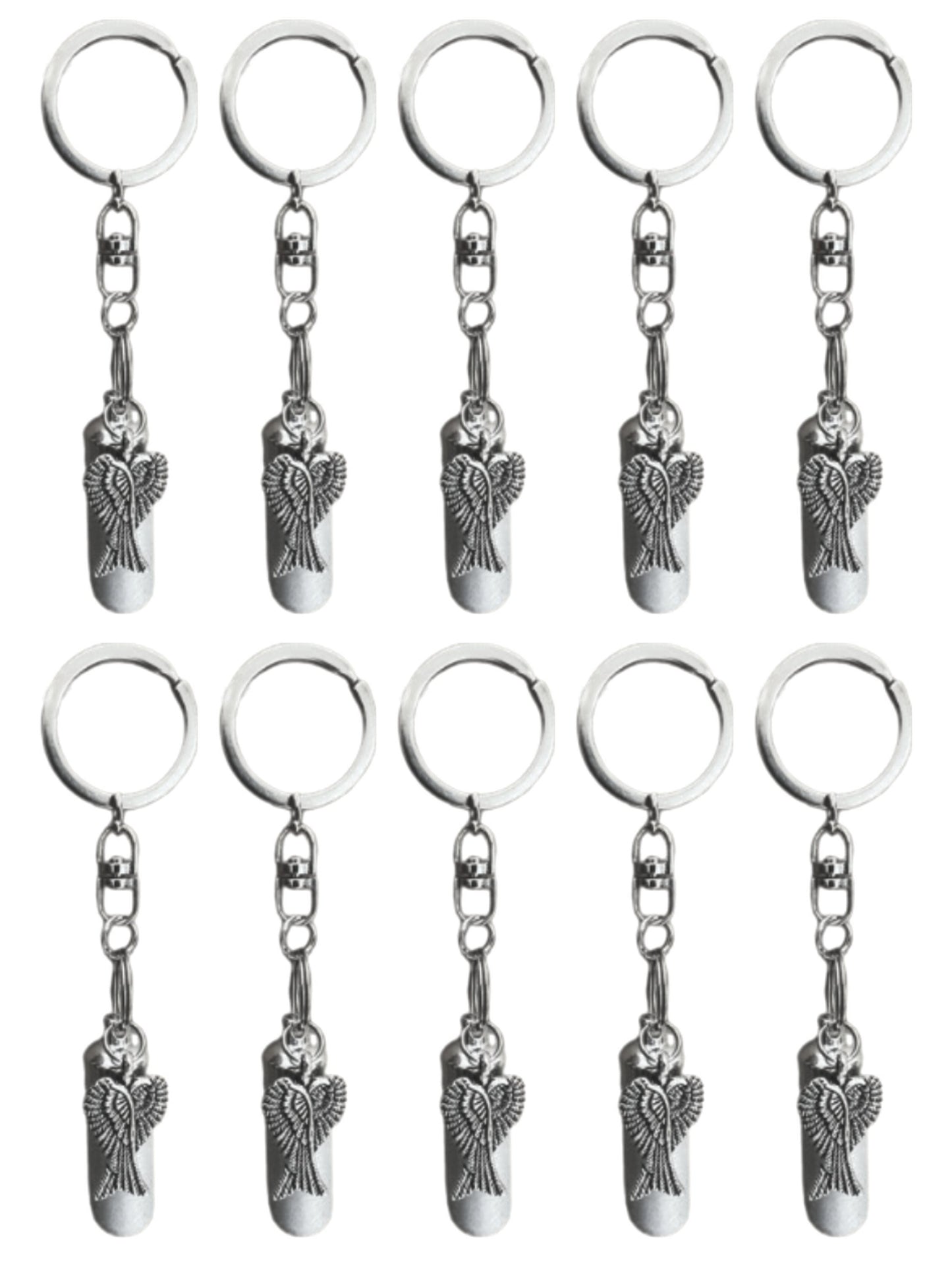 Set of TEN Brushed Silver Cremation Urn on Swivel Keychains with Angel Wings - Mourning Keepsake, Child Urn, Pet Urn, Personalized Urn