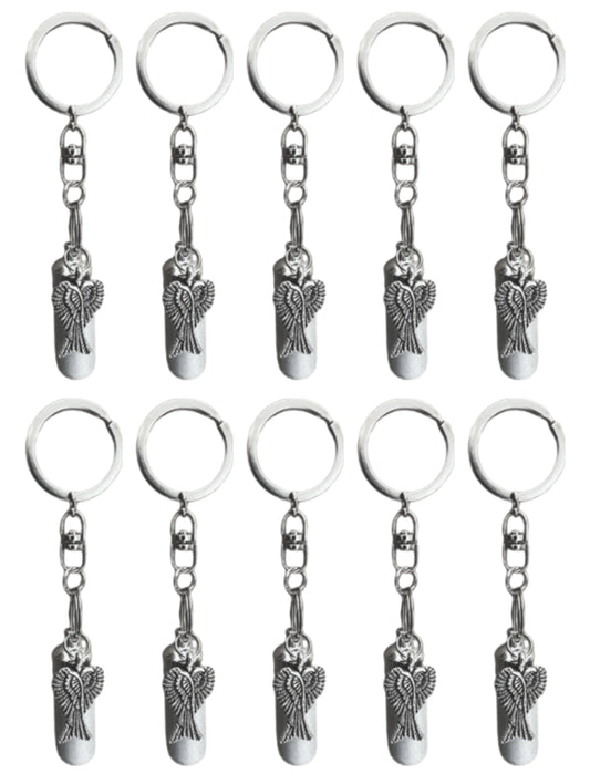 Set of TEN Brushed Silver Cremation Urn on Swivel Keychains with Angel Wings - Mourning Keepsake, Child Urn, Pet Urn, Personalized Urn