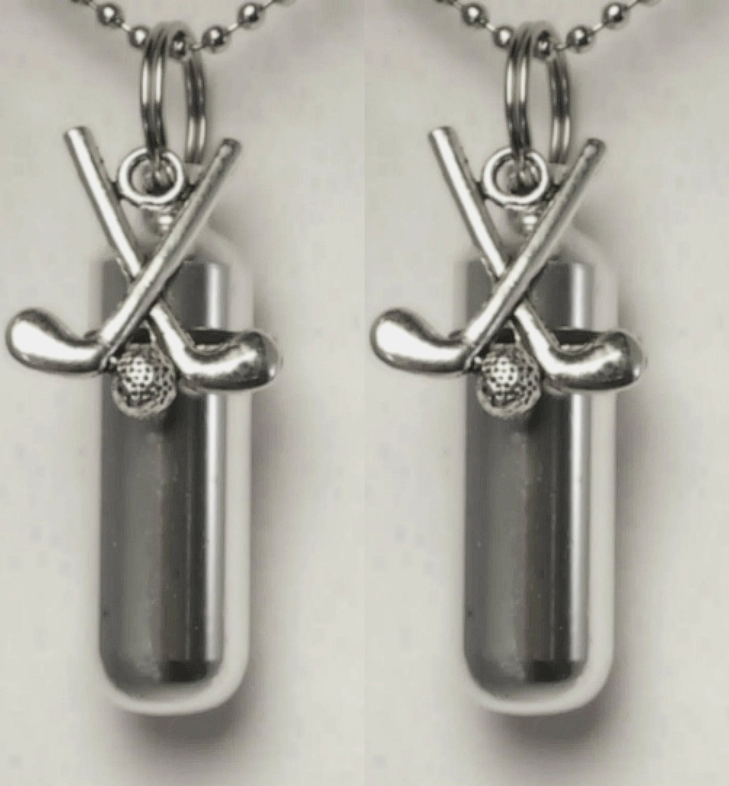 Set of TWO Silver CREMATION URN Necklace Keepsakes with Golf Clubs - Ashes Necklace, Mourning Jewelry, Mourning Keepsake, Personalized Urn