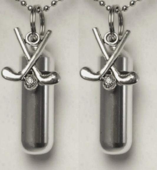 Set of TWO Silver CREMATION URN Necklace Keepsakes with Golf Clubs - Ashes Necklace, Mourning Jewelry, Mourning Keepsake, Personalized Urn