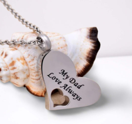 Stainless Steel "My Dad Love Always" Heart Shaped CREMATION URN Urn on 24" Curb Chain Necklace - Mourning Keepsake, Memorial Jewelry