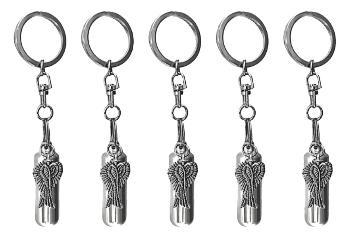 Set of FIVE Silver Cremation Urn on Swivel Keychains with Angel Wings, Memorial Urn, Mourning Keepsake, Child Urn, Pet Urn, Personalized Urn