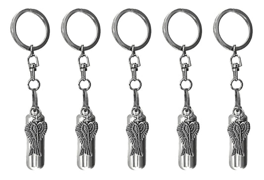 Set of FIVE Silver Cremation Urn on Swivel Keychains with Angel Wings, Memorial Urn, Mourning Keepsake, Child Urn, Pet Urn, Personalized Urn