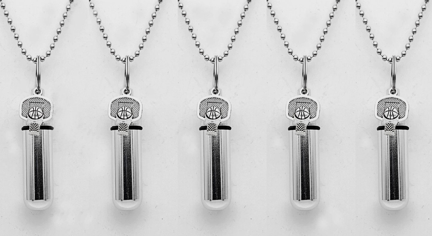 Set of Five Cremation Urn Necklace Keepsakes with Basketball Charm - Memorial Jewelry, Ashes Necklace, Child Urn, Personalized Urn
