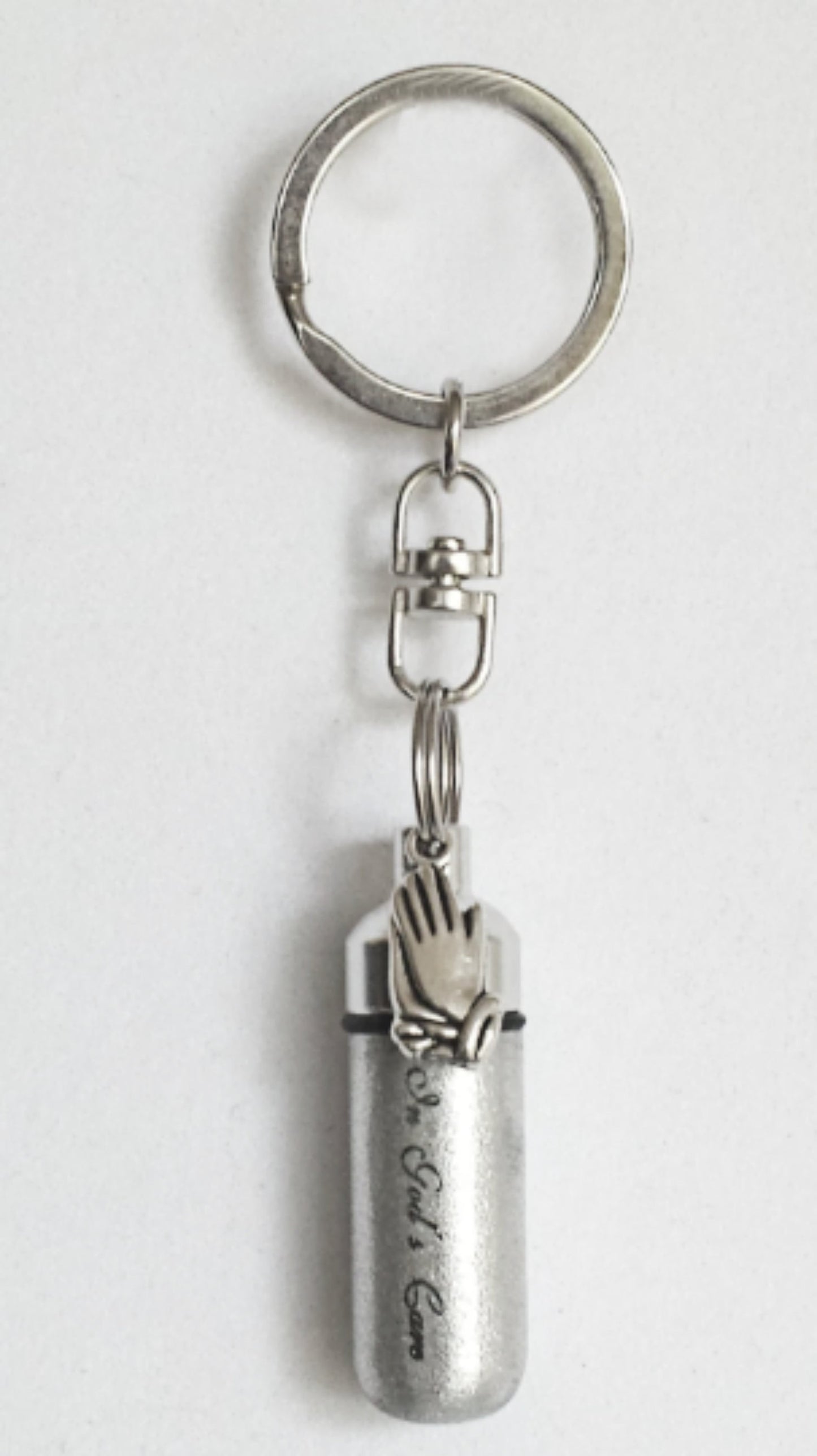 Engraved "In God's Care" w/Praying Hands -CREMATION URN on Steel Swivel Keychain. Mourning Jewelry, Memorial Keepsake