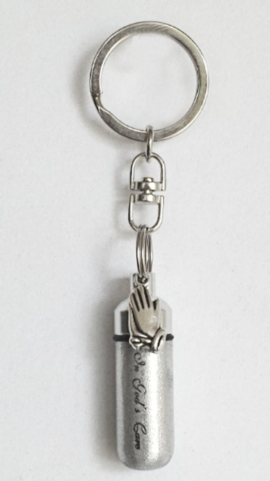 Engraved "In God's Care" w/Praying Hands -CREMATION URN on Steel Swivel Keychain. Mourning Jewelry, Memorial Keepsake