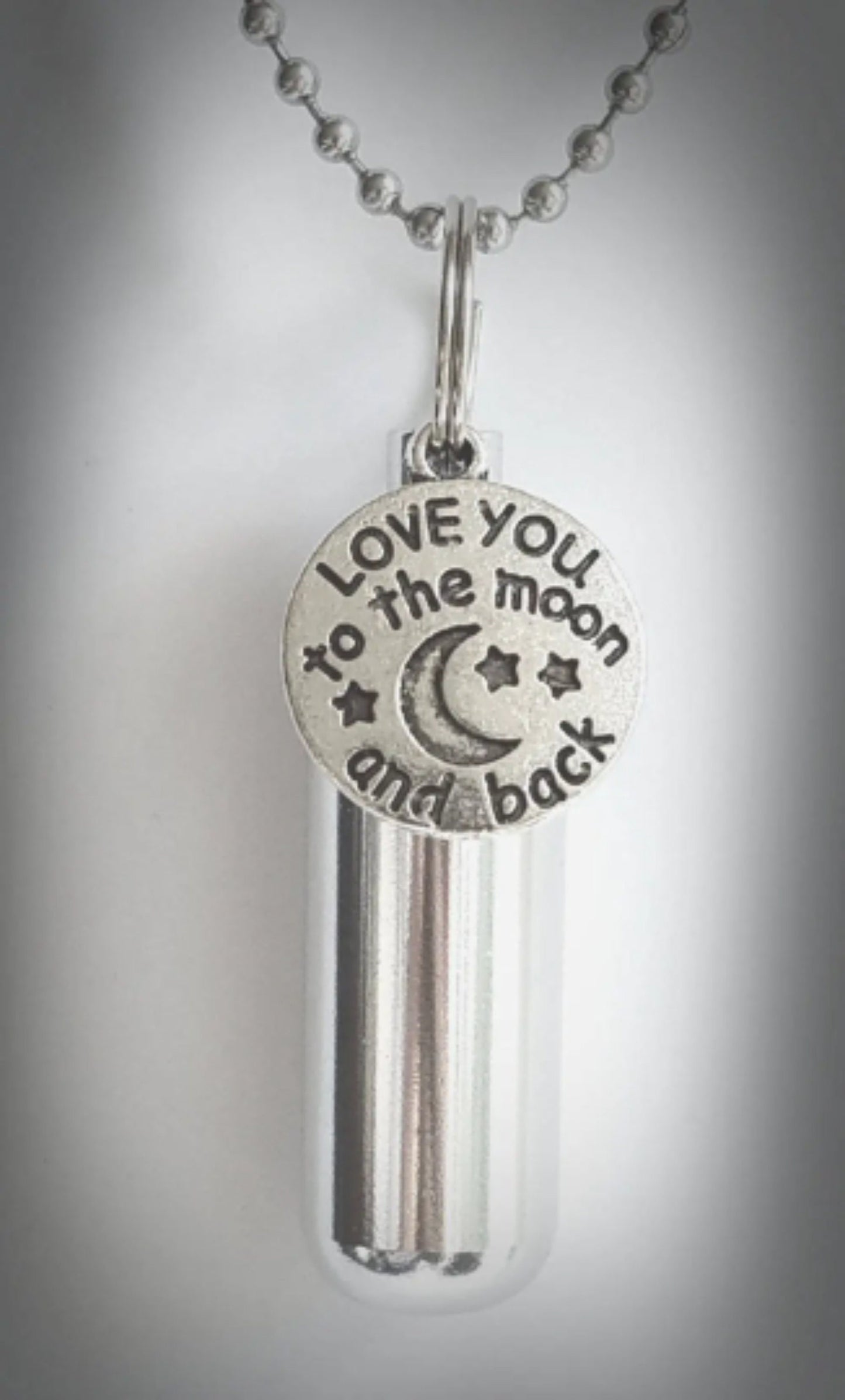 Set of FIVE "I Love You To The Moon And Back" Cremation Urns on 24" Ball Chain Necklaces - Memorial Urn, Ashes Necklace, Pet Urn, Child Urn