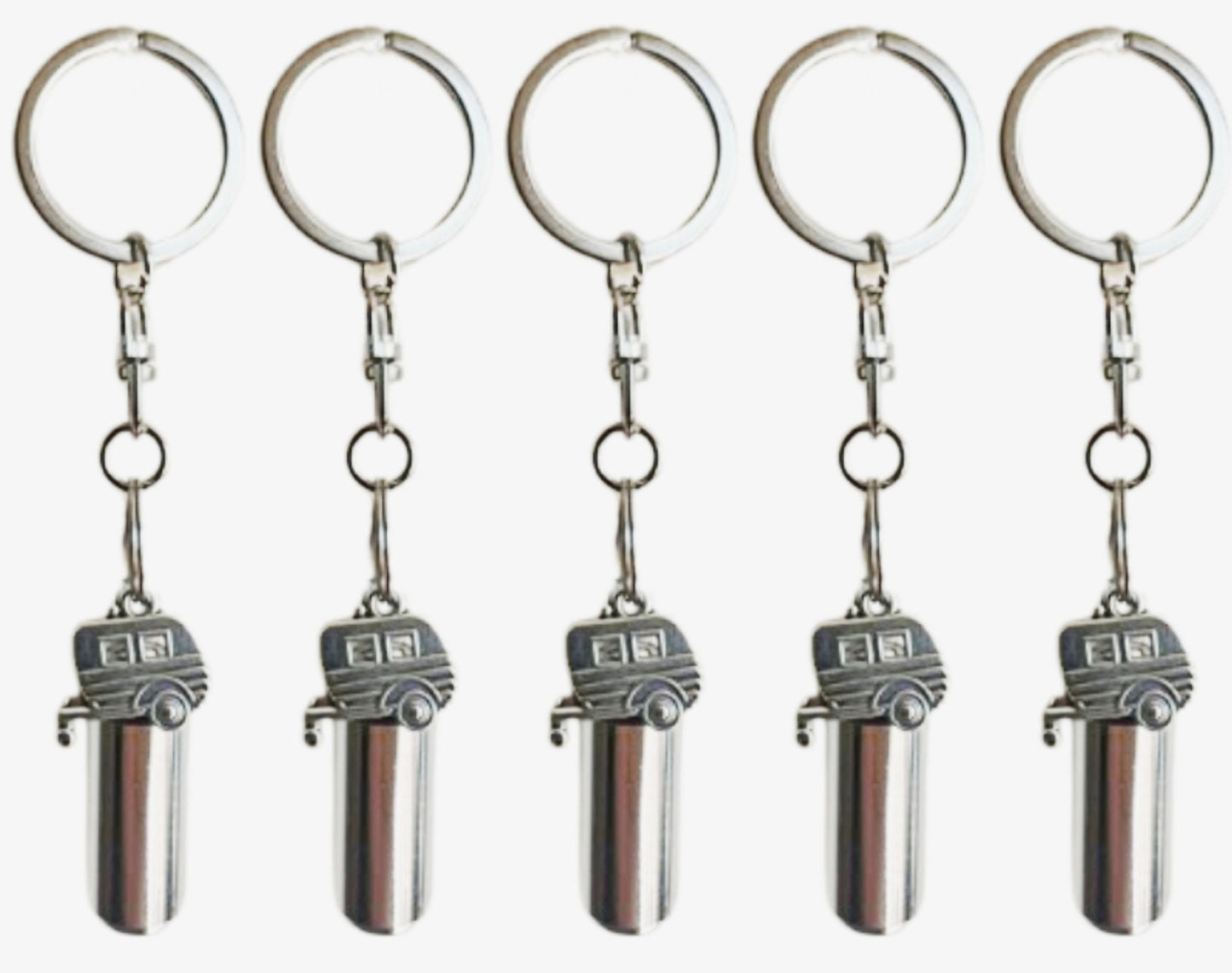 Set Of FIVE Silver Camper/RV/Trailer Cremation Urns on Swivel Stainless Steel Keychains - Memorial Jewelry, Ashes Keepsake, Pet Urn