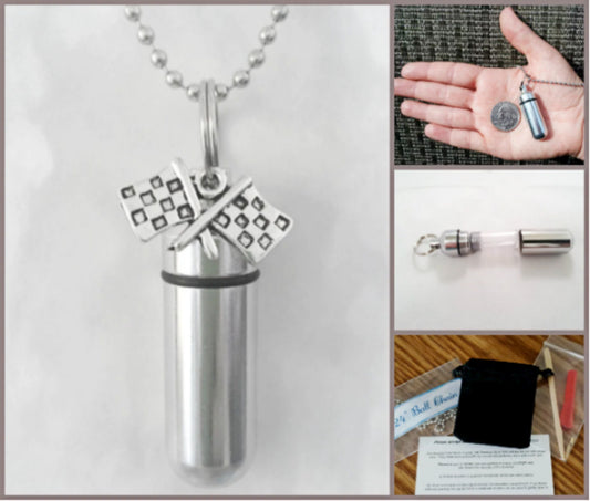 Complete Set  Cremation Urn & holder on 24" Ball Chain Necklace with Racing Flags - Memorial Jewelry, Ashes Keepsake, Sympathy Gift