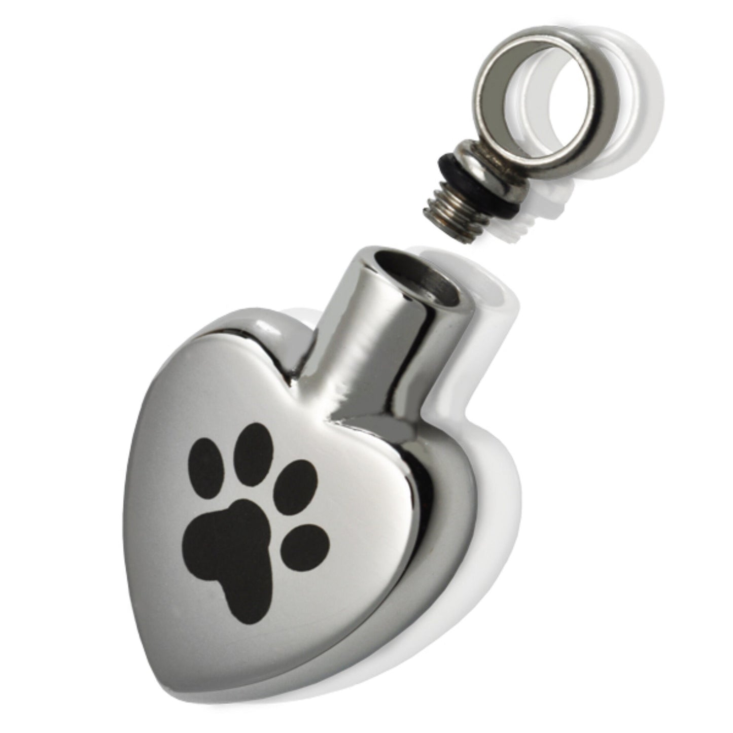 Stainless Steel Heart Cremation Urn with Engraved PAW  on 24" Ball-Chain Necklace - Pet Loss, Pet Memorial, Dog Paw, Pet Cremation, Mourning