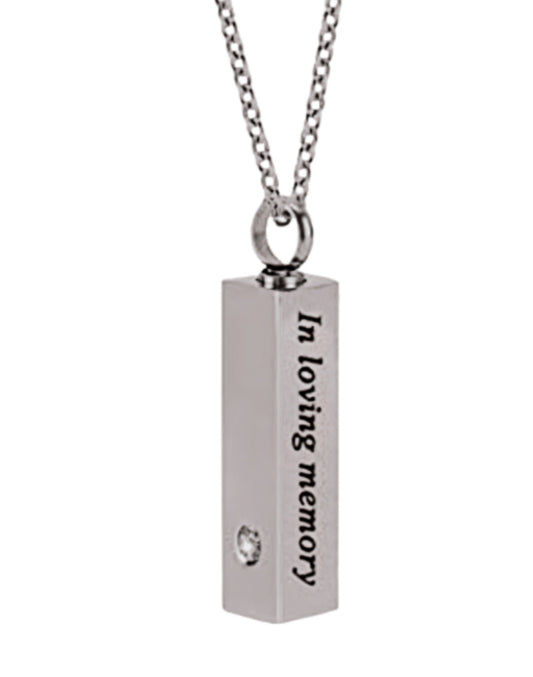 Stainless Steel Cylinder CREMATION URN with Clear Crystal on 21" Curb Chain Necklace with Pink Rhinestone - Engraved: "In loving memory"