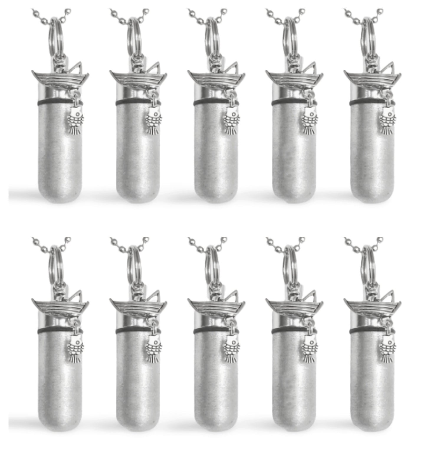Set of TEN Brushed Silver Fisherman in Boat CREMATION URN Necklaces - Urn Keepsake, Urn for Ashes, Mourning Jewelry, Ashes Keepsake