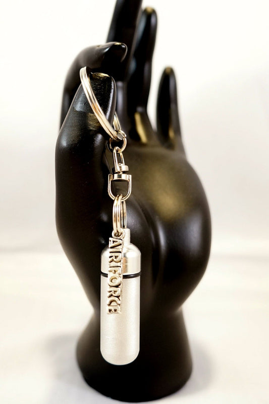 Brushed Silver Cremation Urn with Air Force Pendant on Stainless Steel Swivel Keyring - Hand Assembled, in Velvet Pouch with Fill Kit