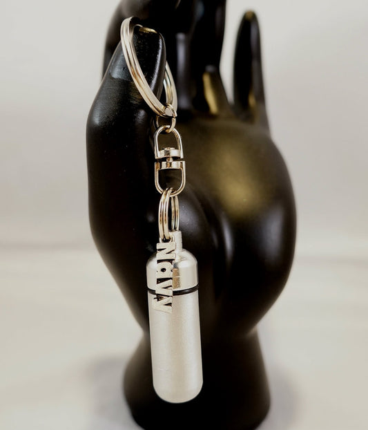 Brushed Silver Cremation Urn & Vial with NAVY Pendant on Stainless Steel Swivel Keyring - Military Urn, Mourning Keepsake, Personalized Urn